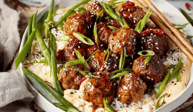 Firecracker Meatballs spicy glaze presentation