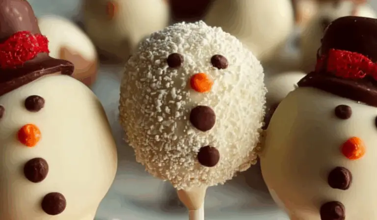 No Bake Chocolate Snowman Cake Pops on holiday table
