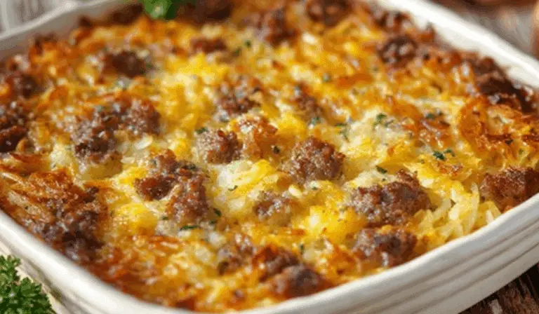 Sausage Hash Brown Breakfast Casserole baked in dish