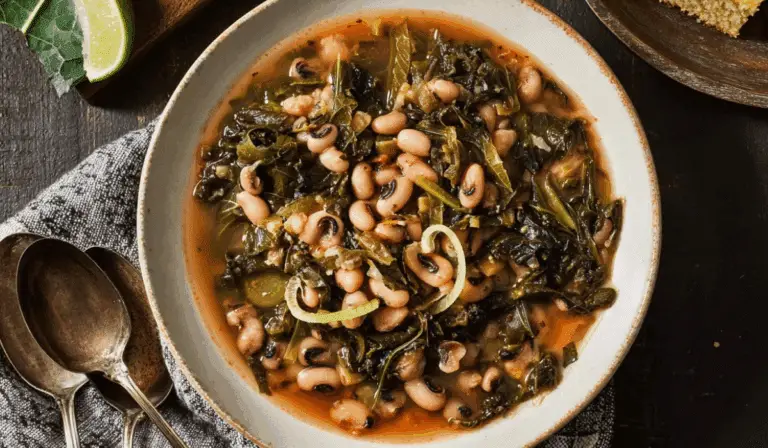 Black Eyed Pea Soup With Collard Greens in rustic setting