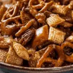 Sweet and Salty Toffee Chex Mix served in festive bowl