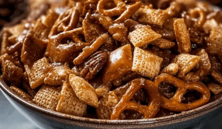 Sweet and Salty Toffee Chex Mix served in festive bowl