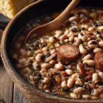 Black-Eyed Peas with Bacon and Sausage in rustic bowl