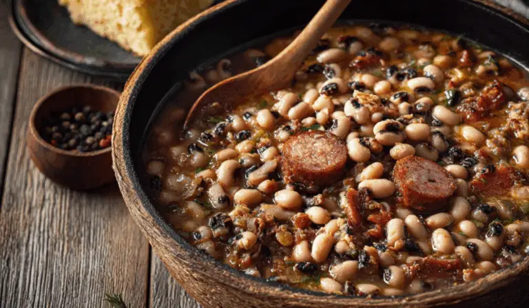 Black-Eyed Peas with Bacon and Sausage in rustic bowl