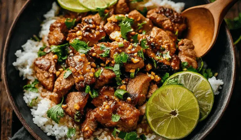 Ginger Lime Pork with Coconut Rice served in bowl
