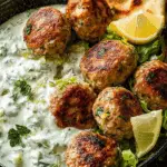 Juicy Greek Chicken Meatballs with Tzatziki on a Mediterranean table