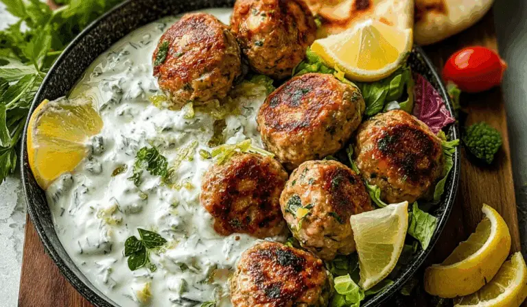 Juicy Greek Chicken Meatballs with Tzatziki on a Mediterranean table