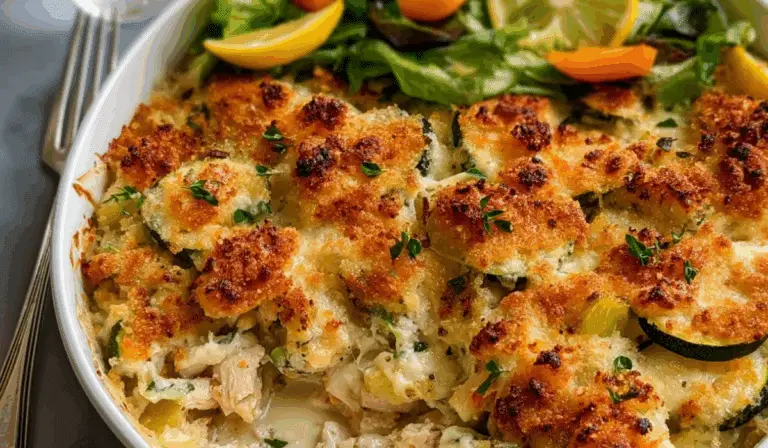 Rotisserie Chicken Zucchini Casserole in baking dish