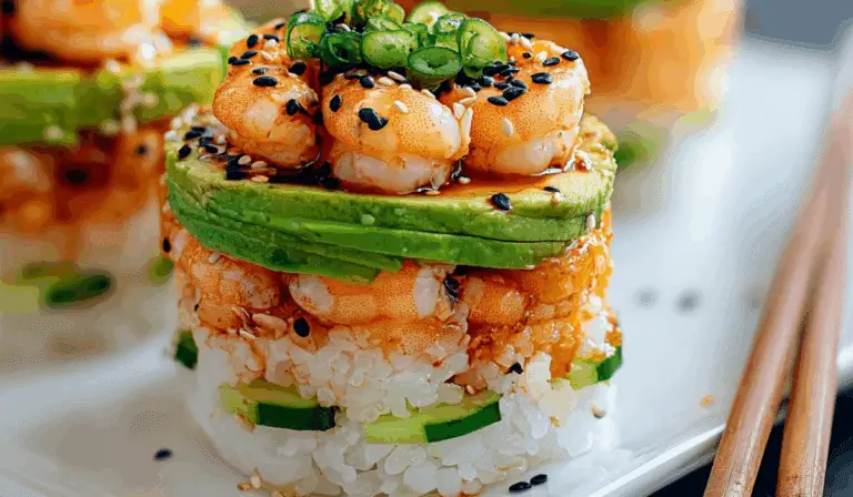 Spicy Shrimp Sushi Stacks on white plate