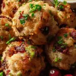 Cranberry Turkey Stuffing Balls served on rustic board