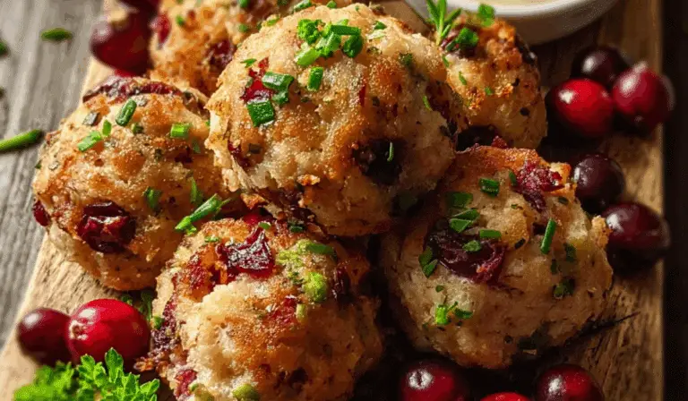 Cranberry Turkey Stuffing Balls served on rustic board