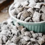 Homemade Muddy Buddies Chex Mix in a rustic bowl