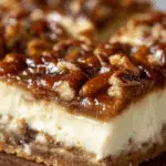 Pecan Pie Cheesecake Bars rustic table close-up