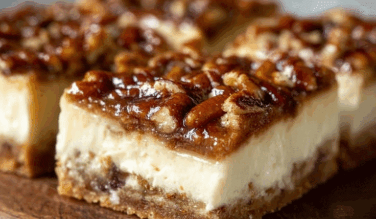 Pecan Pie Cheesecake Bars rustic table close-up