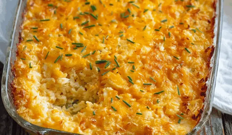 Cheesy Hashbrown Potato Casserole in a vintage baking dish
