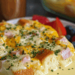 Eggs Benedict Casserole served in a white dish with hollandaise