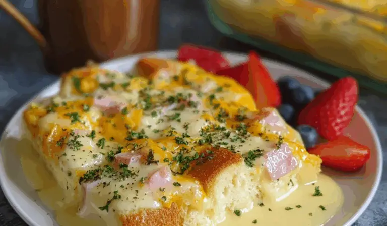 Eggs Benedict Casserole served in a white dish with hollandaise