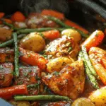 Slow Cooker Honey Garlic Chicken And Veggies steaming in pot
