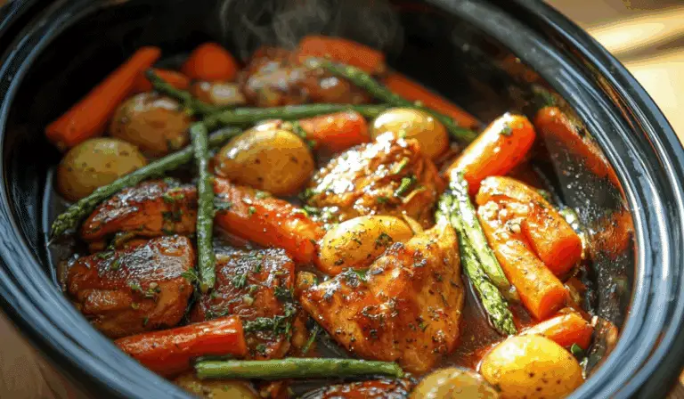 Slow Cooker Honey Garlic Chicken And Veggies steaming in pot