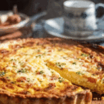 Easy Breakfast Quiche freshly baked on a rustic table