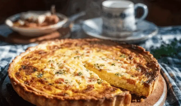 Easy Breakfast Quiche freshly baked on a rustic table