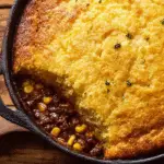 Cowboy Cornbread Casserole baked in skillet