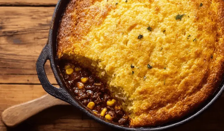 Cowboy Cornbread Casserole baked in skillet