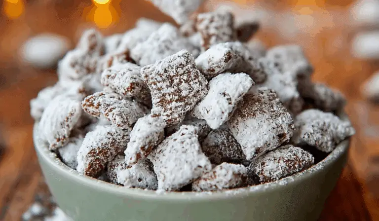 Puppy Chow Recipe aka Muddy Buddies in festive bowl