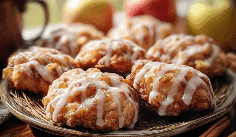 baked apple fritters with glaze on a rustic table