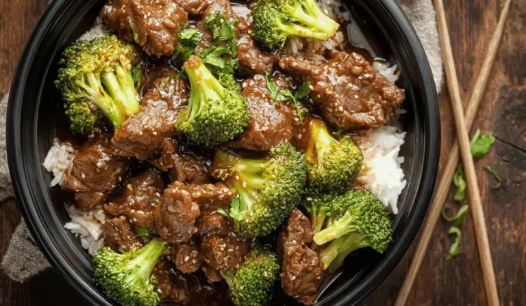 Slow Cooker Beef and Broccoli served with rice
