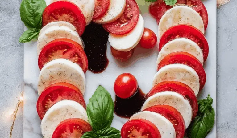 Candy Cane Caprese Board on marble with festive lights