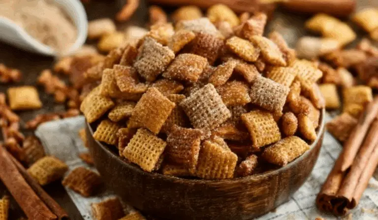 Churro Chex Mix in bowl with cinnamon sticks