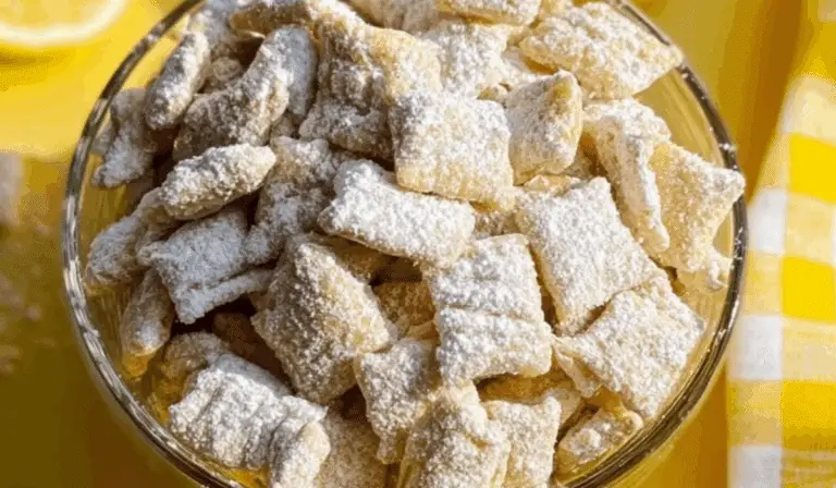 Zesty Lemonade Puppy Chow Snack in a glass bowl