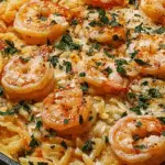 One Pan Parmesan Orzo with Shrimp served in skillet