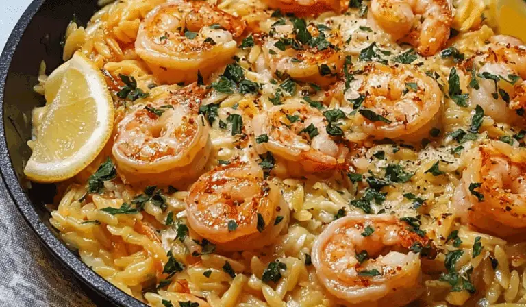 One Pan Parmesan Orzo with Shrimp served in skillet