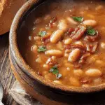 Bean with Bacon Soup in rustic bowl with bread