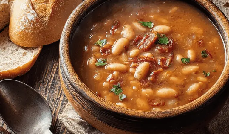Bean with Bacon Soup in rustic bowl with bread