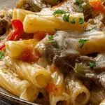 Philly Cheesesteak Pasta in cast iron skillet