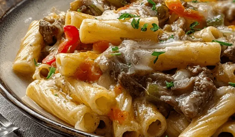 Philly Cheesesteak Pasta in cast iron skillet