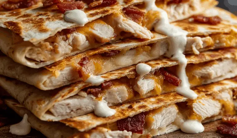 Chicken Bacon Ranch Quesadilla with melted cheese and bacon