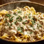 Creamy Turkey Stroganoff in a bowl with noodles