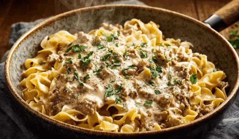 Creamy Turkey Stroganoff in a bowl with noodles