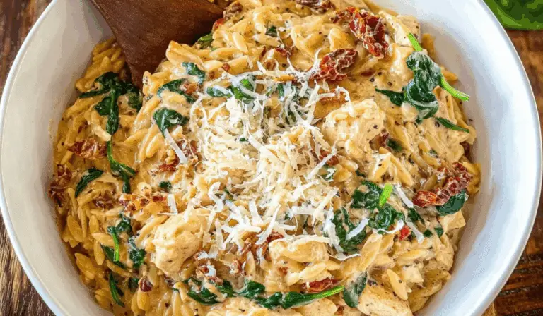 Slow Cooker Creamy Tuscan Chicken Orzo in rustic kitchen
