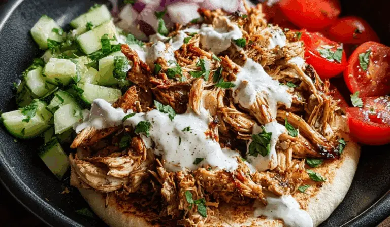 Slow Cooker Chicken Shawarma with pita and sides