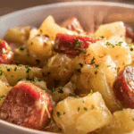 Crockpot Cheesy Potatoes and Kielbasa on counter