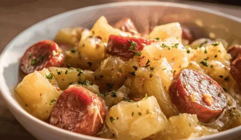Crockpot Cheesy Potatoes and Kielbasa on counter