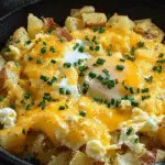 Cheesy Potato Egg Scramble in a rustic skillet