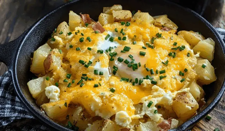 Cheesy Potato Egg Scramble in a rustic skillet