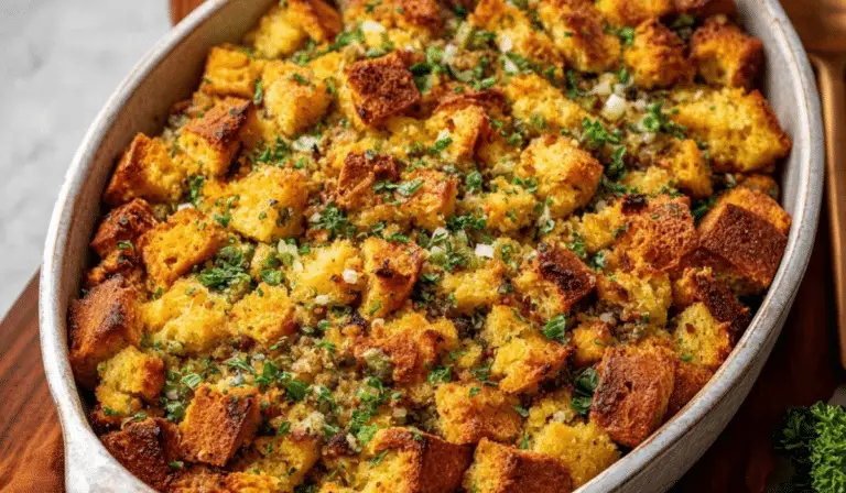 Cornbread Stuffing baked golden with crispy edges