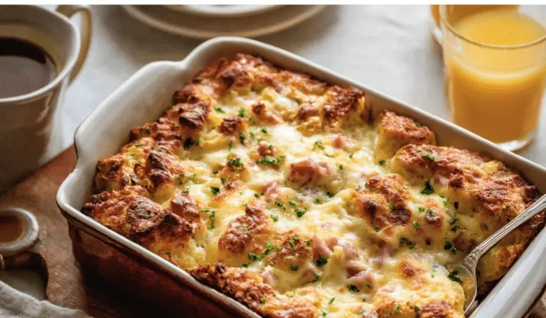 Overnight Ham and Swiss Cheese Strata breakfast casserole